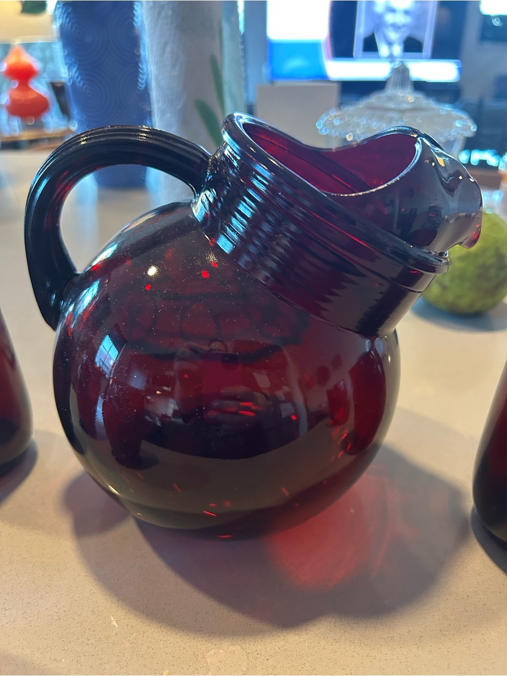 Vintage Royal Ruby Anchor Hocking Pitcher and Tumblers